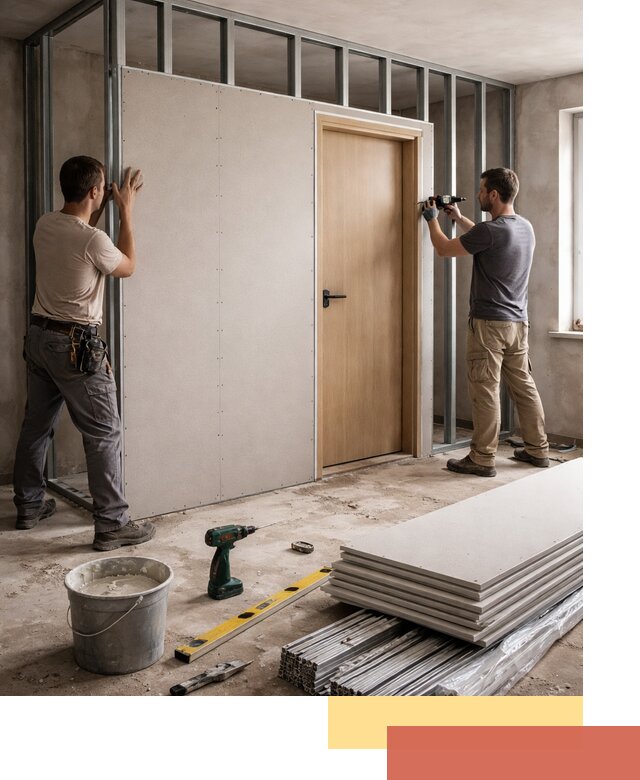 Перегородка из гипсокартона с дверью под ключ в Шуе