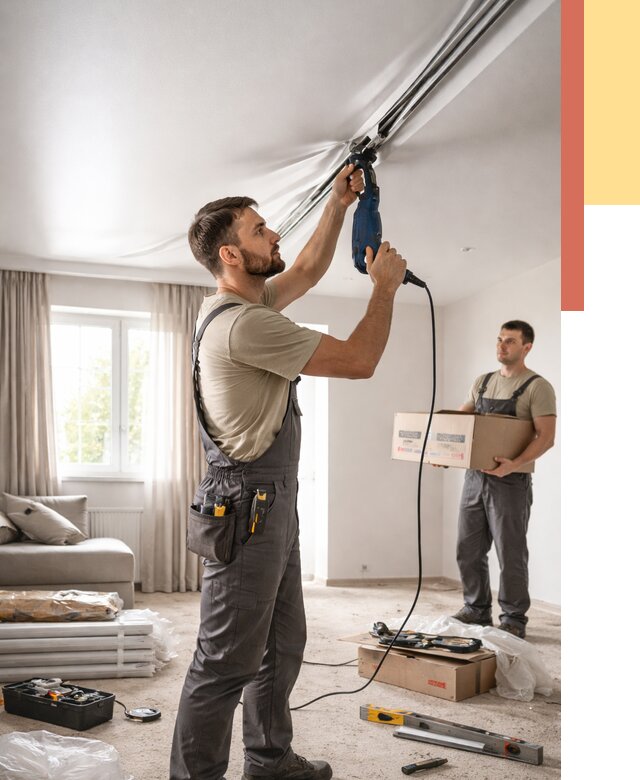 Монтаж сатинового натяжного потолка в Шуе от 3598 руб. | Быстро, недорого — ОТДЕЛОЧНИК-Шуя