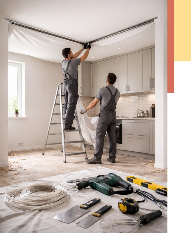 Установка натяжного потолка на кухне в Шуе от 2467 руб. | ОТДЕЛОЧНИК-Шуя