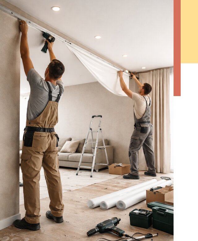 Монтаж натяжного потолка в гостиной в Шуе от 565 руб. | ОТДЕЛОЧНИК-Шуя